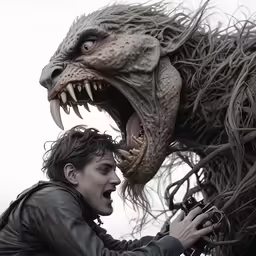 a man takes a picture of a creepy monster model
