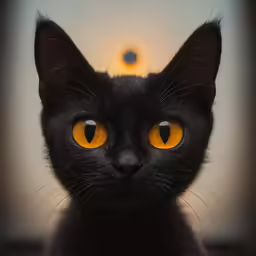 a black cat with yellow eyes staring at the camera