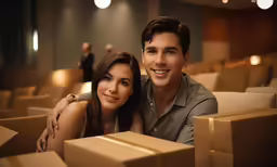 a couple smile and pose for the camera in boxes