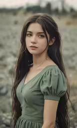 a young girl poses in an olive green dress
