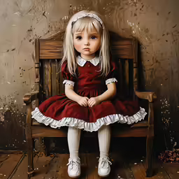 the young child is sitting on a bench with her hands folded