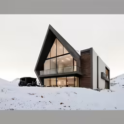 an architecturally designed house is on the slopes near a mountain
