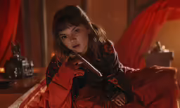 a woman in red clothes is using an umbrella