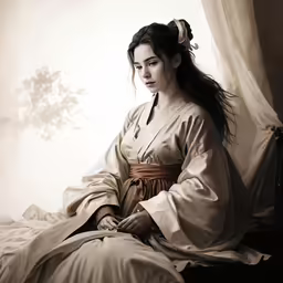 woman with flowing dress sitting on the bed