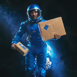an astronaut carrying a box in one hand and walking through space