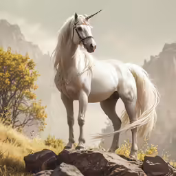 the white horse is standing on top of a rock