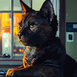 the large dog is sitting on a stool near a window