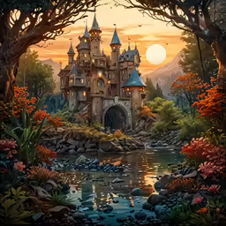 there is a painting on the wall of a castle