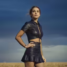 a woman is posing in a black outfit