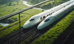 a white bullet train travels on the railroad tracks