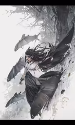 a drawing of an anime girl flying through the sky
