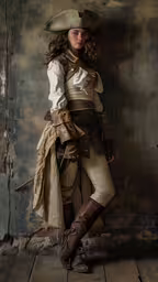 a woman with long hair and an eye make up is wearing a hat and a dress,a woman dressed as a pirate, standing in front of an old wall