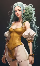 a girl with green hair wearing white pants