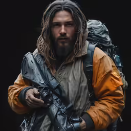 the man in the rain jacket has his camera strapped on his shoulder