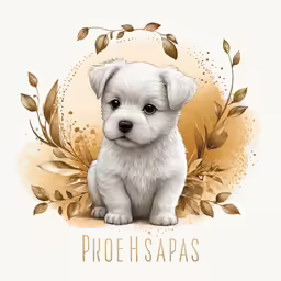 the small dog is sitting in front of a card