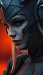 a female in armor looking off to the side