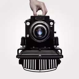 someones hand hanging out from the top of an old camera