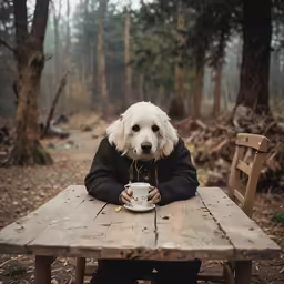 a dog in the forest is wearing black and he has a white cup