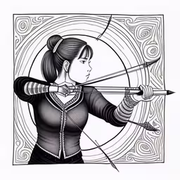 a girl with long hair and a bow,drawing of a girl holding two bow and arrow with her hands,the girl with bows is aiming a bow,a woman holding bows is drawn in black and white,a woman with arrows in her hand