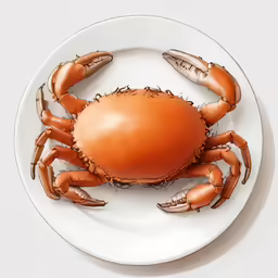 a white plate topped with a crab next to another plate