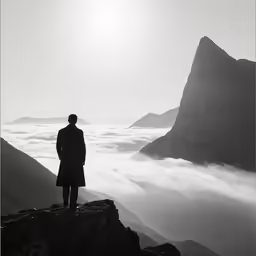 man stands on top of mountain looking out at the clouds