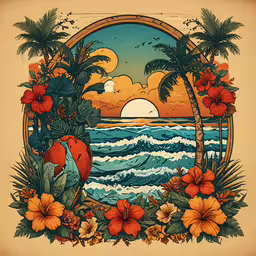 a cartoon - like image with the sun setting behind some tropical flowers,a tropical scene with flowers and a circle