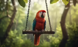 a colorful bird sits on the limb of a tree in front of some green plants