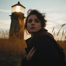 a woman is standing in a field by a light house