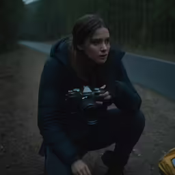 a woman kneeling down holding a camera