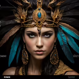 a woman in a feathered headdress is posing
