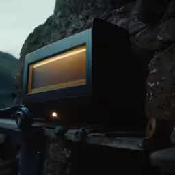 a small, black microwave sits on a ledge