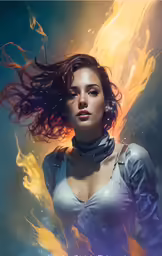 an animated illustration of a beautiful woman in flames