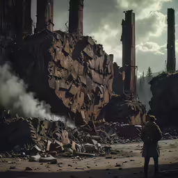 a man standing in front of ruins that are being destroyed