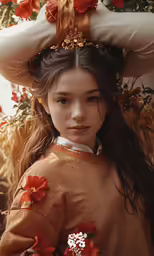 a girl wearing orange stands under a flower arrangement