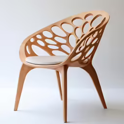 an arm chair with a seat made out of wood