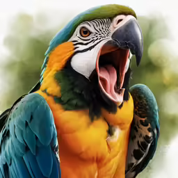 a brightly colored parrot yawns on his perch