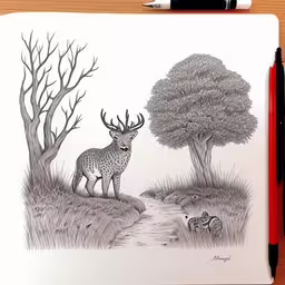 a pencil drawing shows a deer and his antlers in the woods,a pen drawing of a deer and its offspring