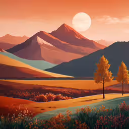 painting of a landscape with mountains in the background,painting of a colorful mountain landscape with sun rising