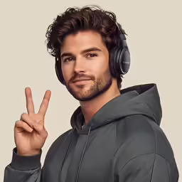 a man in headphones and a grey jacket