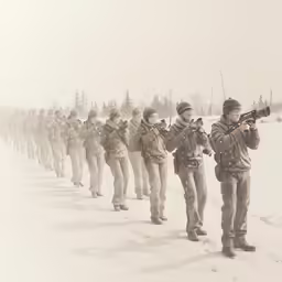 a man with a gun and several men in uniform marching through the snow