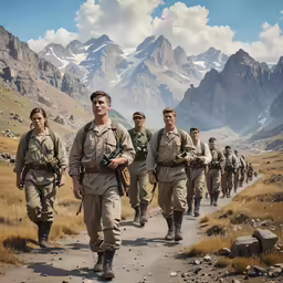 a group of men and women walking on dirt path through grassy area