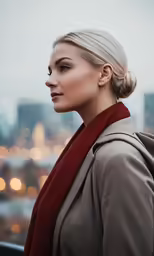 a female with her hair in a bun with another bun and red scarf on