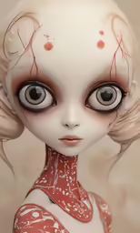 a creepy looking doll with big eyes and pink hair
