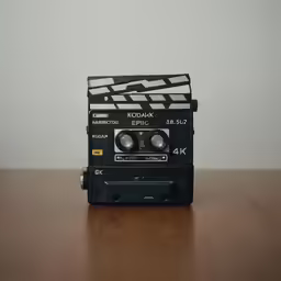 a close up of an old type of camera on a table