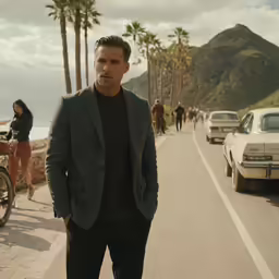 a man standing in the street wearing a suit and black shirt