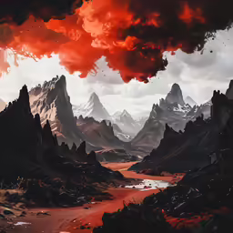 some red and black mountains water rocks and a red sky