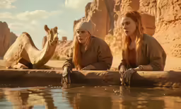 two women with red hair in desert sitting by water