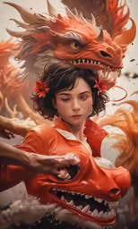 a woman wearing a red dress with a red dragon head and two horns