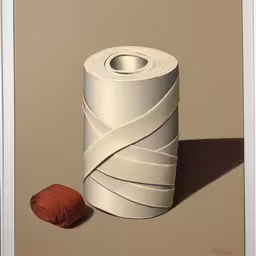 a roll of white paper on the ground with a red ball of thread in front,a roll of paper sitting on top of a floor next to a orange piece of cloth