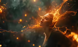 a woman looks up with fire on her face